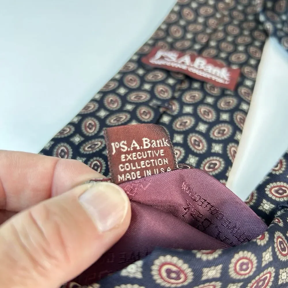 Jos. A. Bank Executive Collection Men’s Navy Gray Wine Geo Print 100% Silk Tie